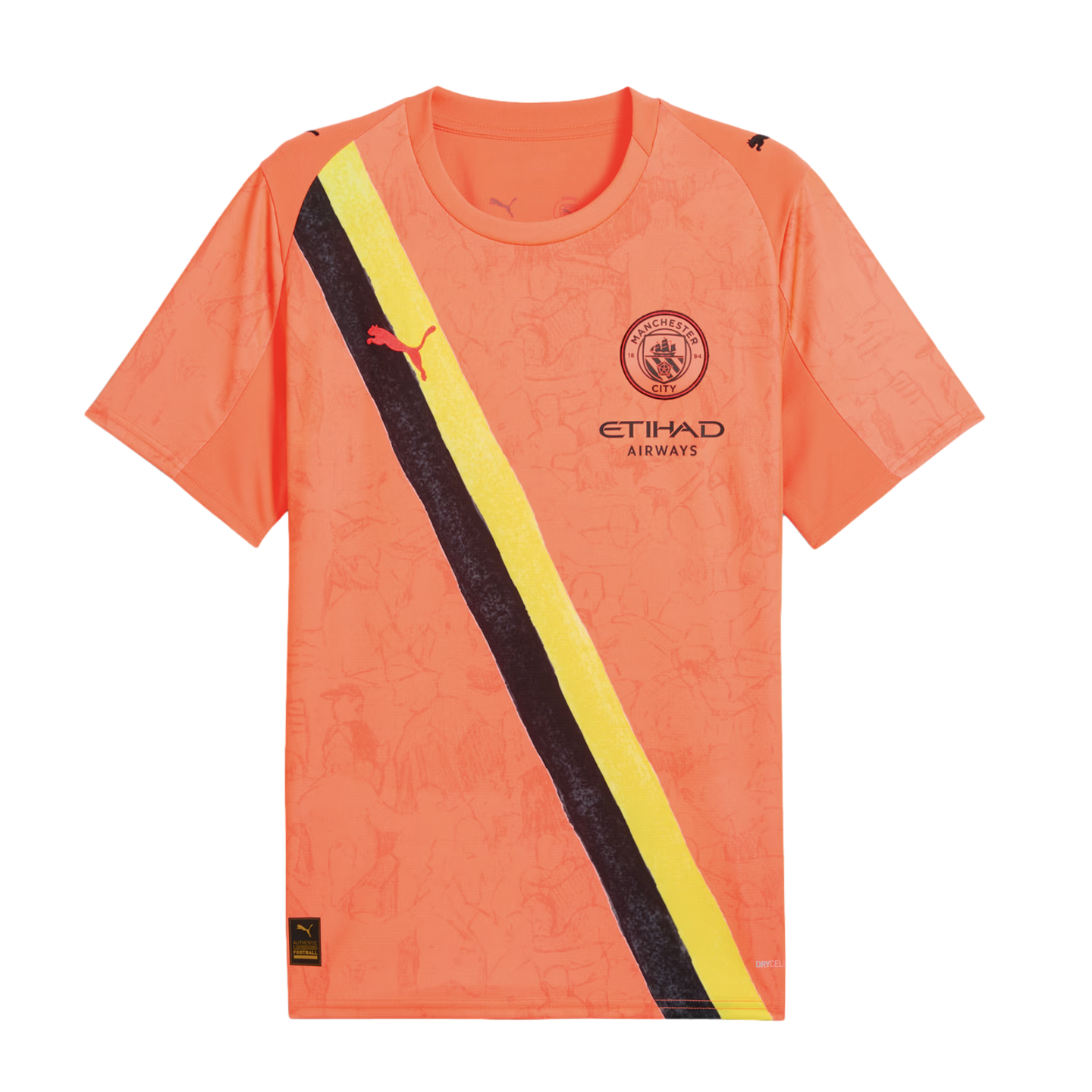 Peach Manchester City pre-match football jersey with a diagonal black and yellow sash, featuring the team crest and Etihad Airways sponsor logo.