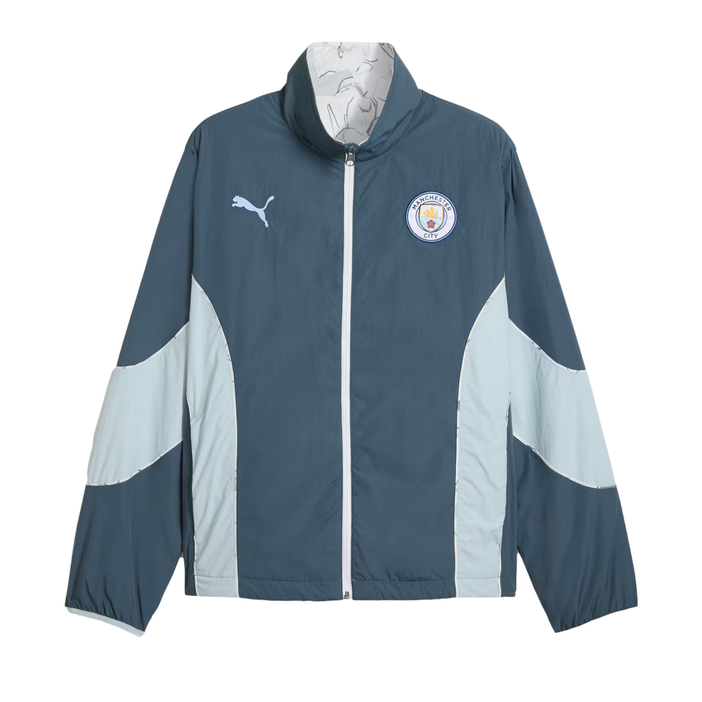 A teal and light blue Puma Manchester City track jacket featuring a white front zipper and the club crest on the chest.