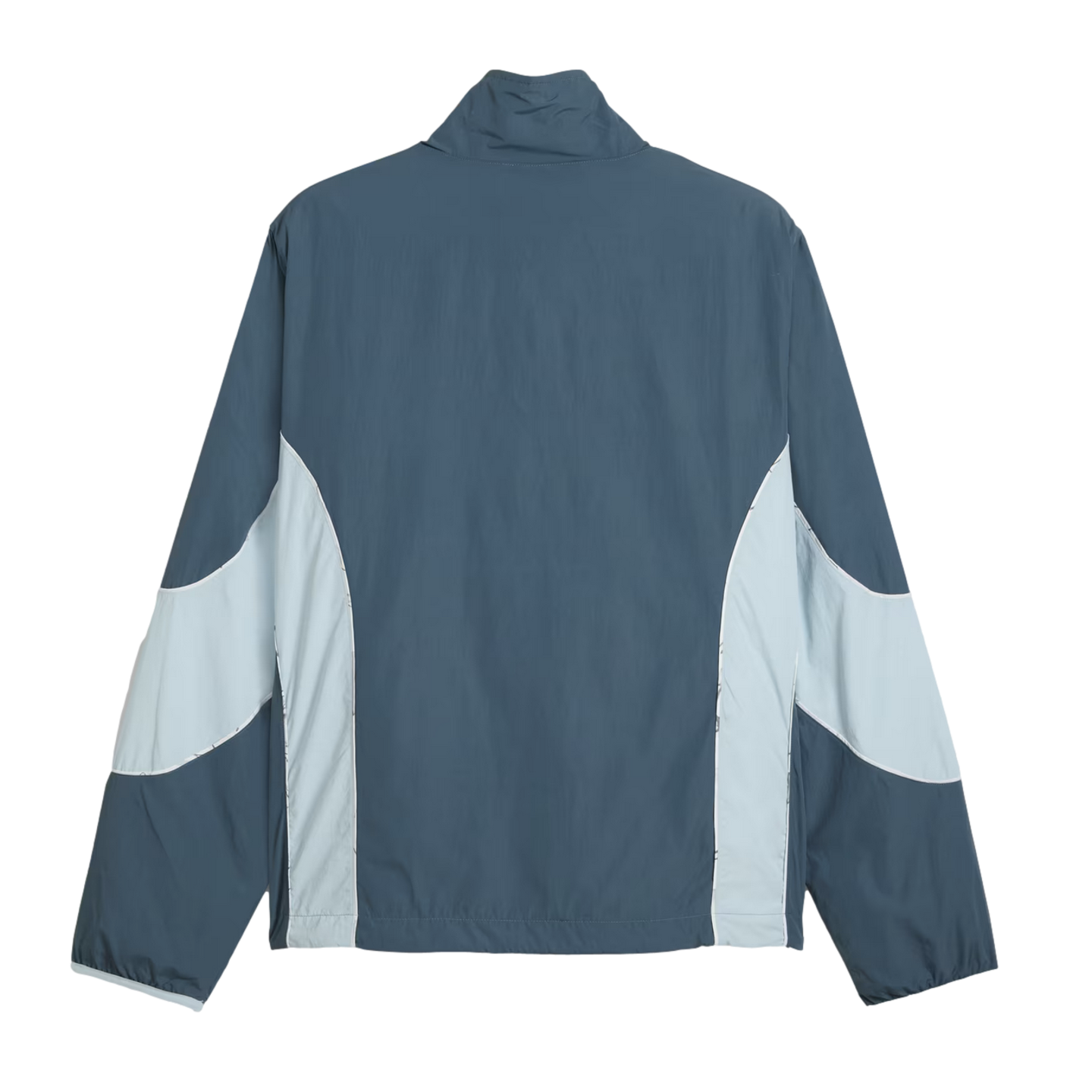 Rear view of a dark blue-grey windbreaker with light blue color-blocked side panels and sleeve details.