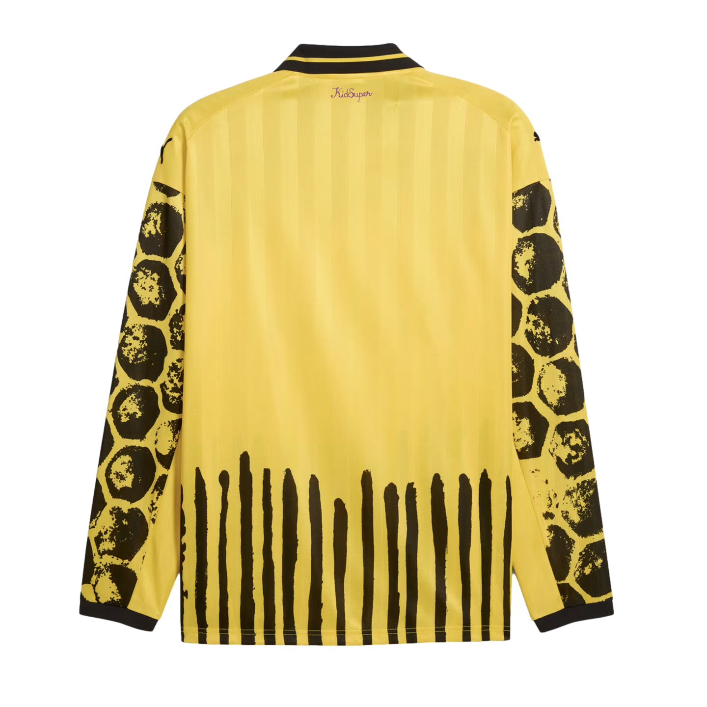 Back view of a yellow long-sleeved jersey featuring black honeycomb-patterned sleeves and vertical paint-stroke stripes along the hem.