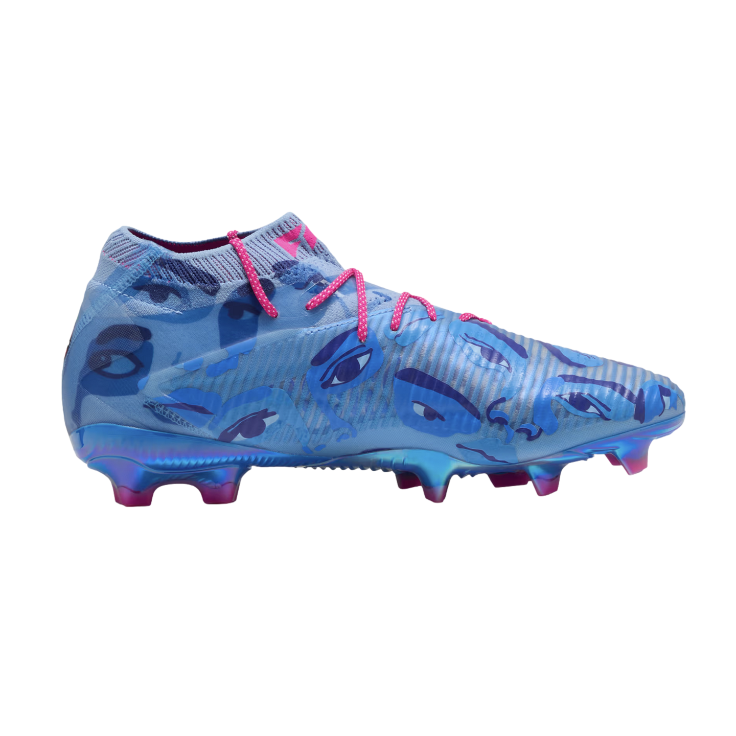Blue high-top soccer cleat with a graphic print of stylized eyes, bright pink laces, and an iridescent blue-to-pink soleplate.
