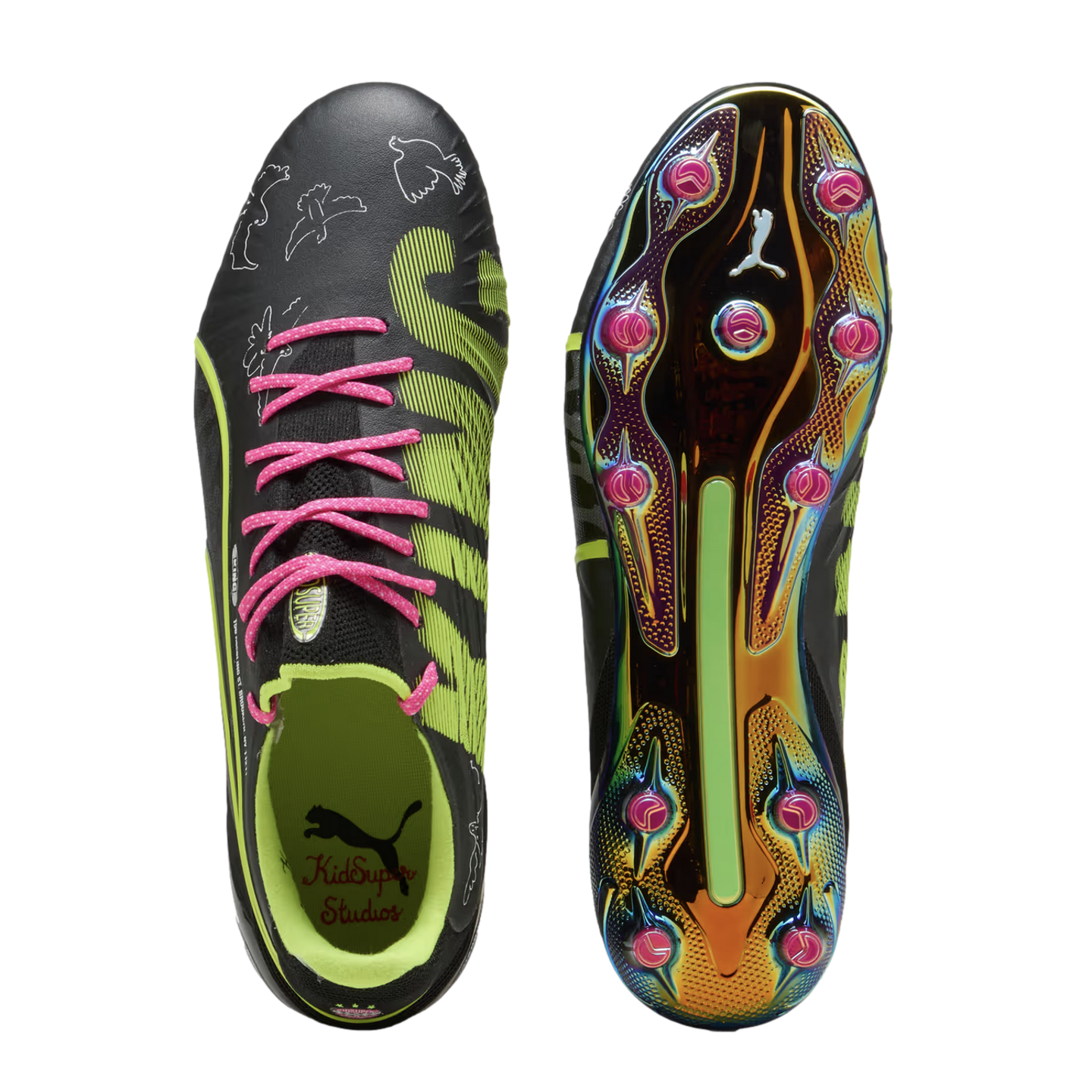 Puma x KidSuper soccer cleats. Top view shows black upper with pink laces and bird sketches; bottom view shows a vibrant, iridescent sole with pink studs.