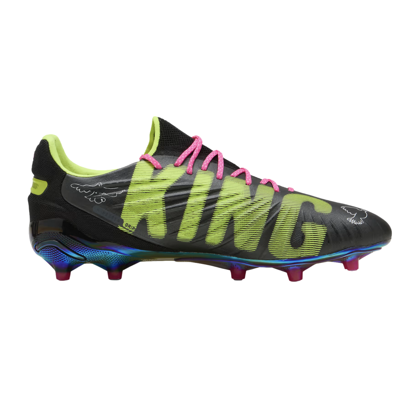 A side view of a black Puma King soccer cleat featuring large lime green "KING" lettering, pink laces, and an iridescent blue soleplate with red studs.