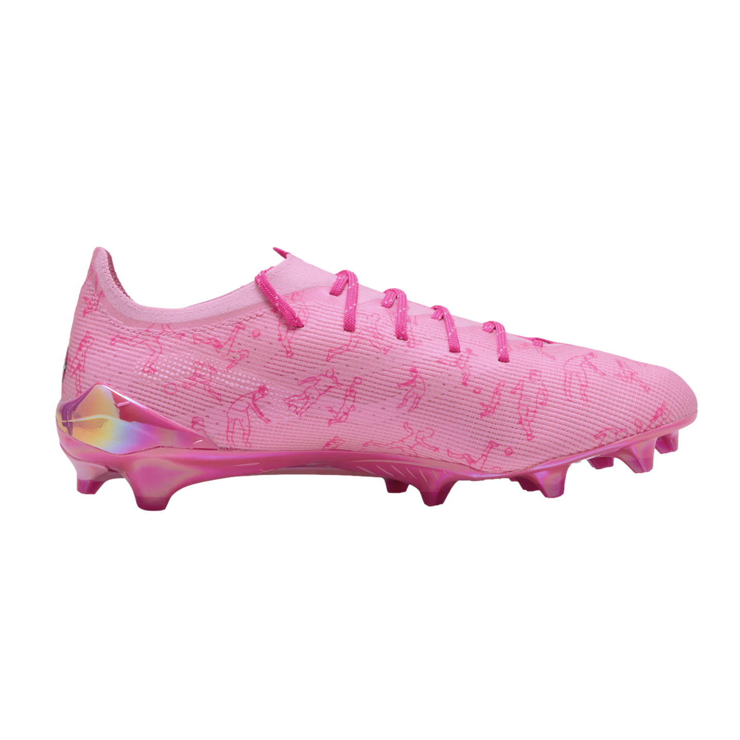 Side view of a bright pink soccer cleat with subtle player graphics on the upper and a matching iridescent studded soleplate, against a white background.