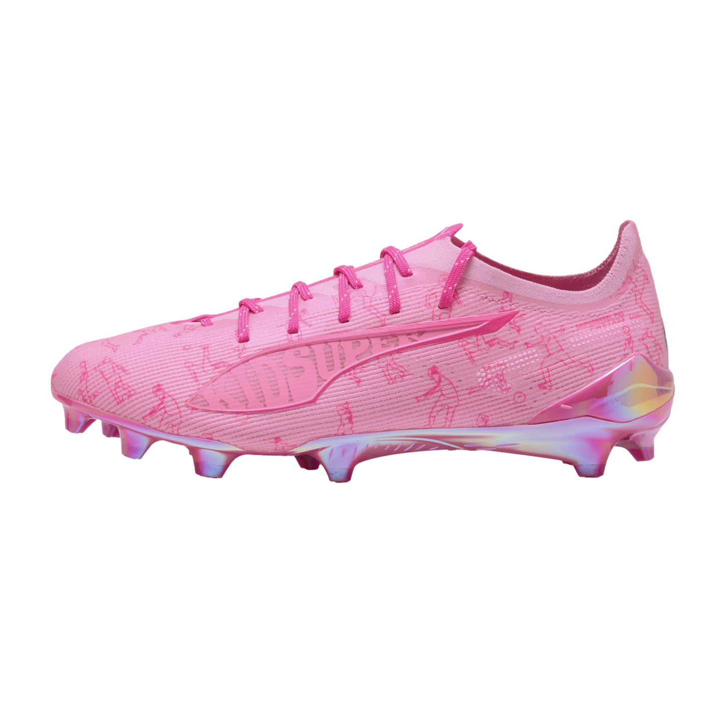 Vibrant pink Puma x KidSuper soccer cleat featuring tonal line art and an iridescent holographic soleplate, shown in profile against a plain white background.