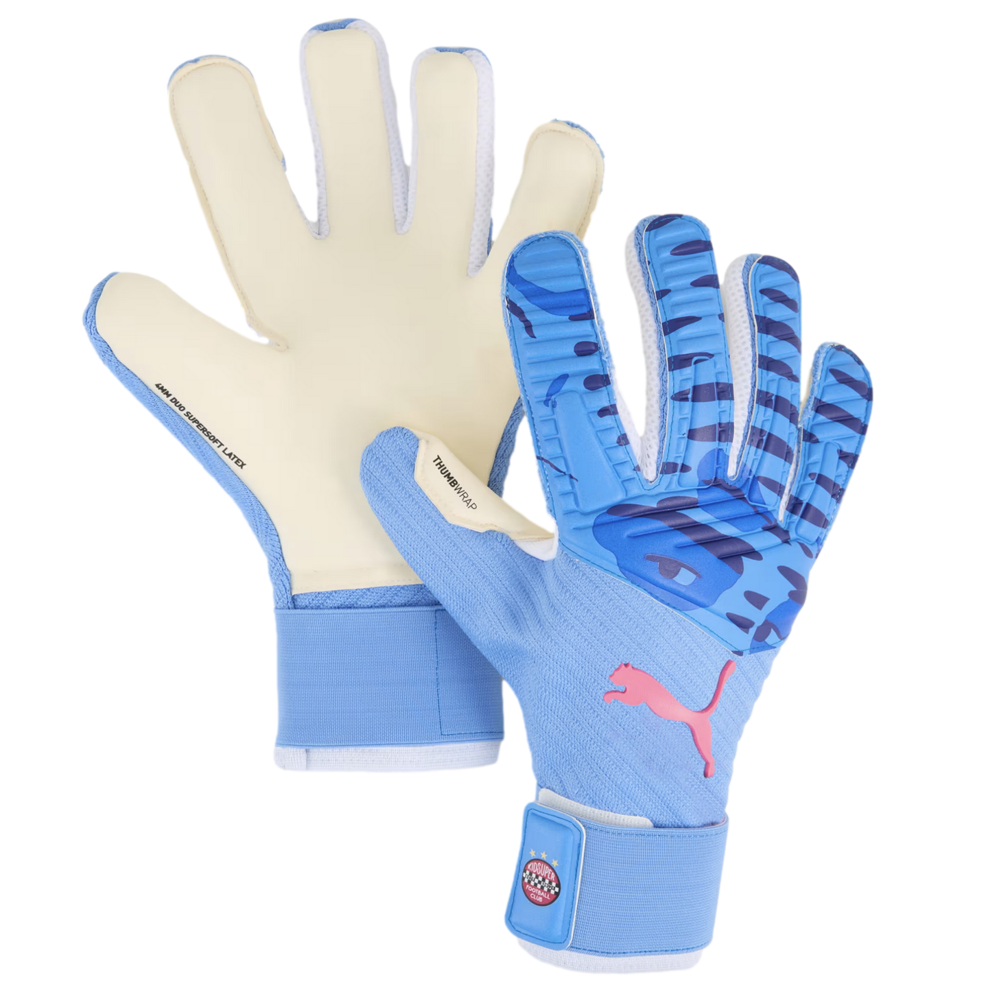 Light blue and cream Puma goalkeeper gloves featuring dark blue tiger-stripe patterns and a pink jumping cat logo.