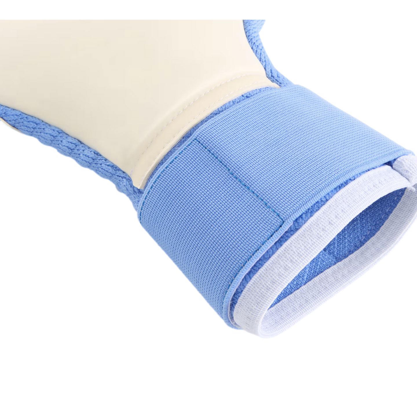 A close-up of a goalkeeper glove featuring a light blue elastic wrist strap, cream-colored palm, and blue fabric trim.