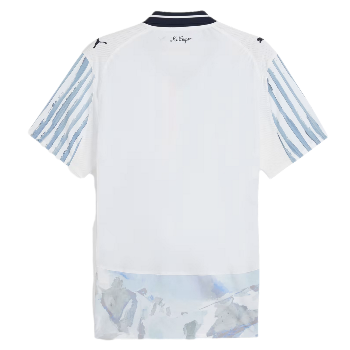 The back of a white short-sleeved jersey with blue brushstroke sleeves, an abstract watercolor hem, and "KidSuper" branding at the neck.