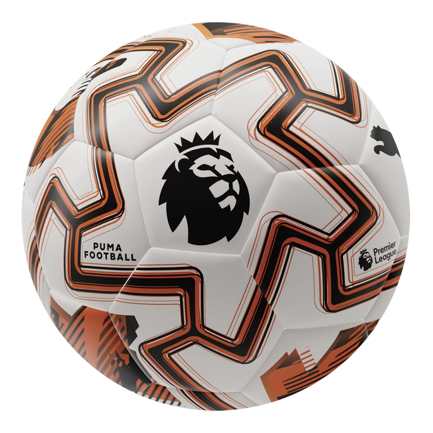 Puma Premier League soccer ball featuring a white base with black and orange zigzag patterns, the Premier League lion logo, and Puma branding.