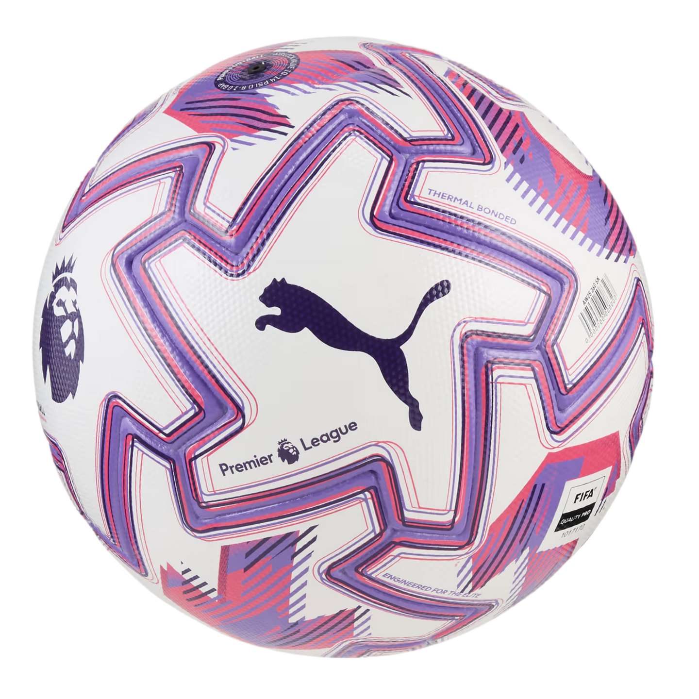 A white Puma Premier League soccer ball featuring purple and pink geometric graphics.