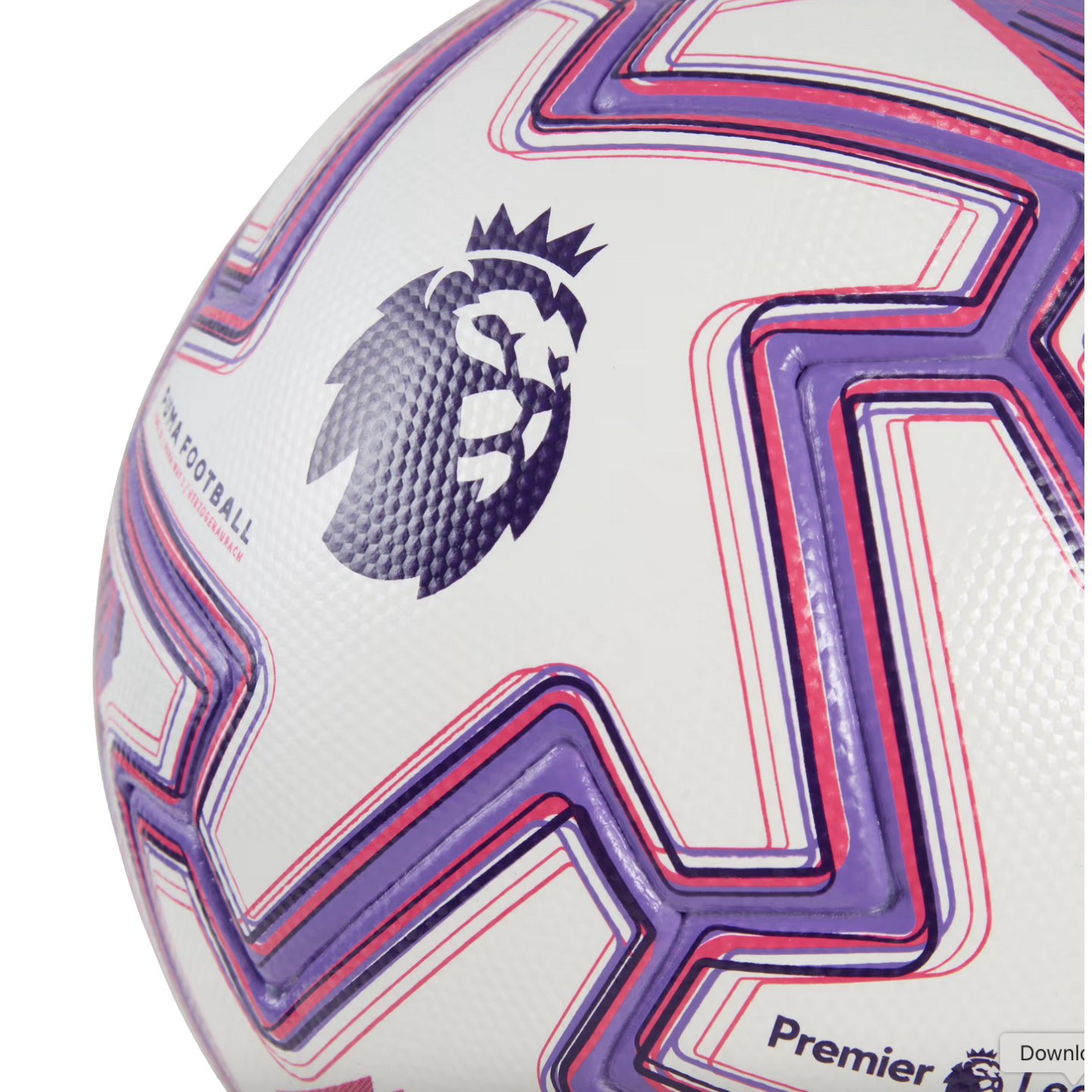Close-up of a white Puma soccer ball featuring the purple Premier League logo and pink and purple geometric patterns.
