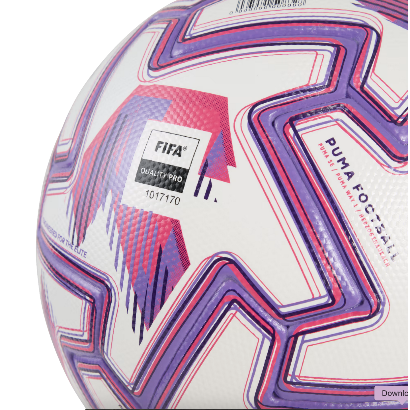 Close-up of a white textured Puma soccer ball with vibrant pink and purple geometric graphics and a "FIFA Quality Pro" certification mark.