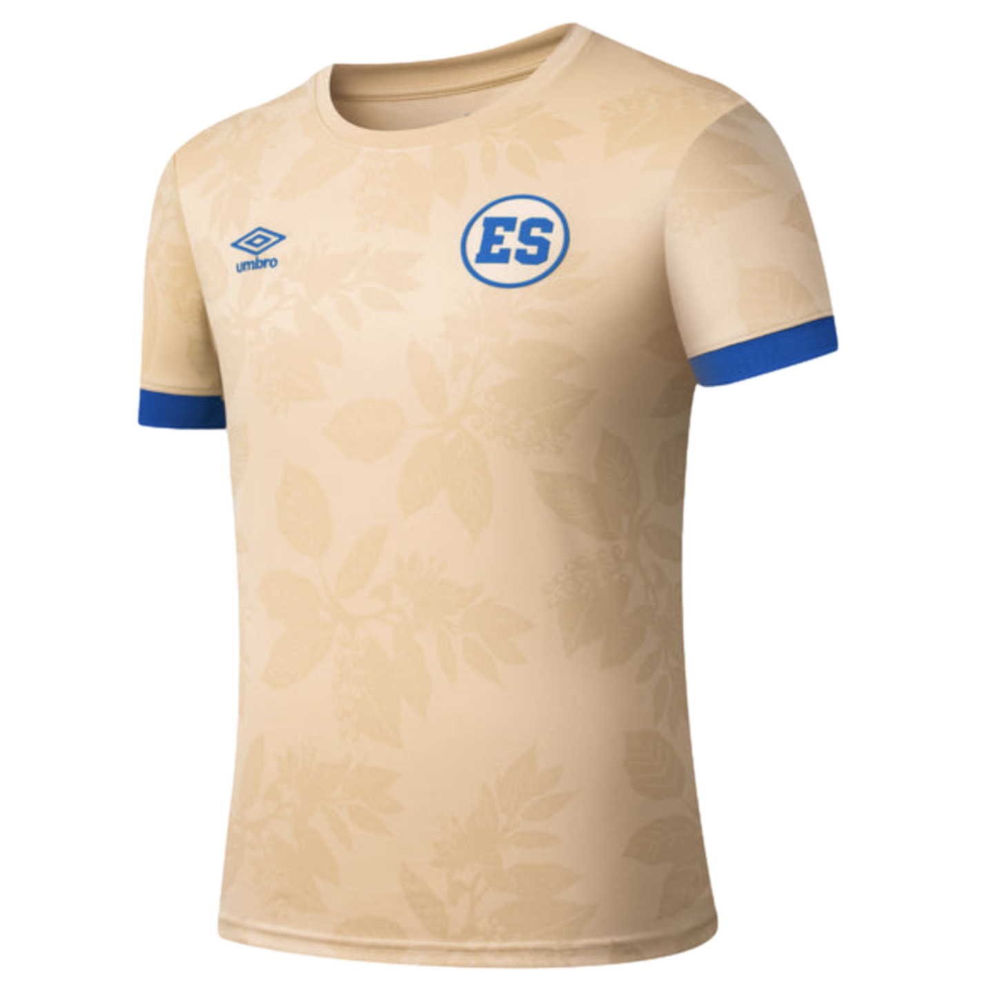 Beige Umbro short-sleeved shirt with a blue "ES" circular crest, blue sleeve cuffs, and a subtle floral pattern across the fabric.