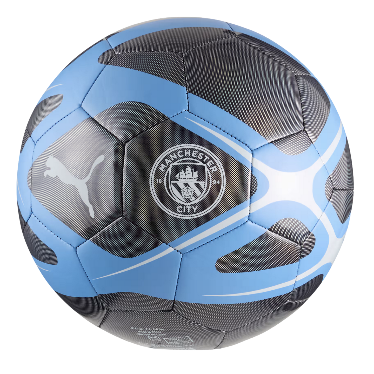 A sky blue and charcoal Puma soccer ball featuring the Manchester City F.C. crest and stylized white graphics, isolated on a white background.