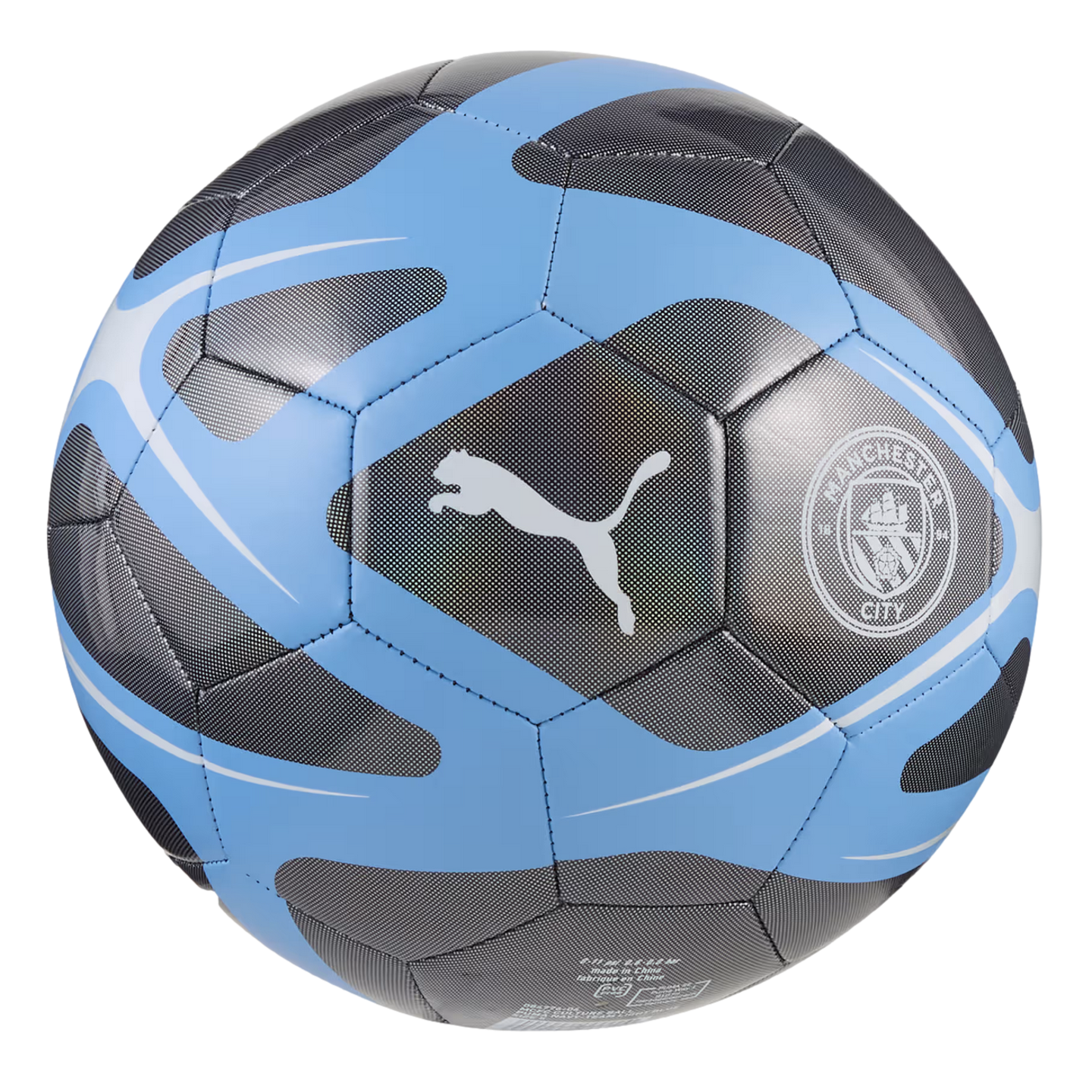 A light blue and textured grey Puma soccer ball featuring the Manchester City FC crest and a white Puma logo.