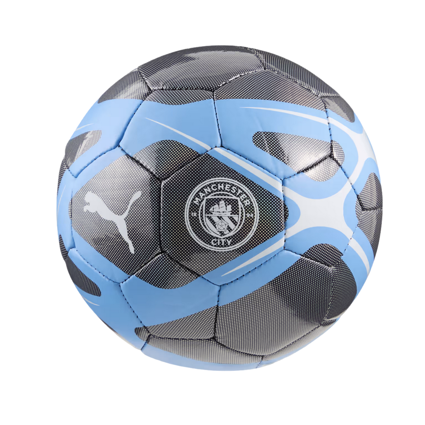 Sky blue and dark grey Manchester City soccer ball featuring the club's crest and a white Puma logo.