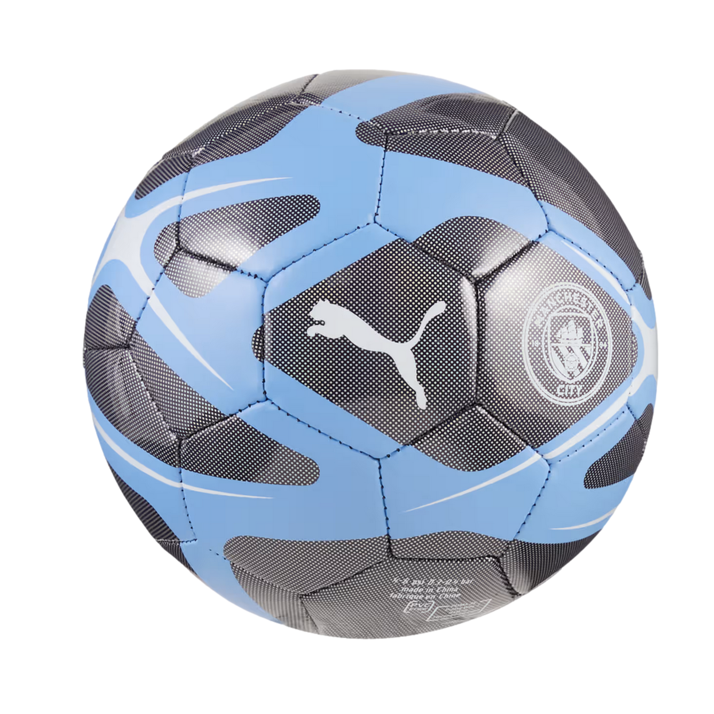 A light blue and dark grey Puma soccer ball featuring the Manchester City FC crest and white leaping cat logo, isolated on a white background.