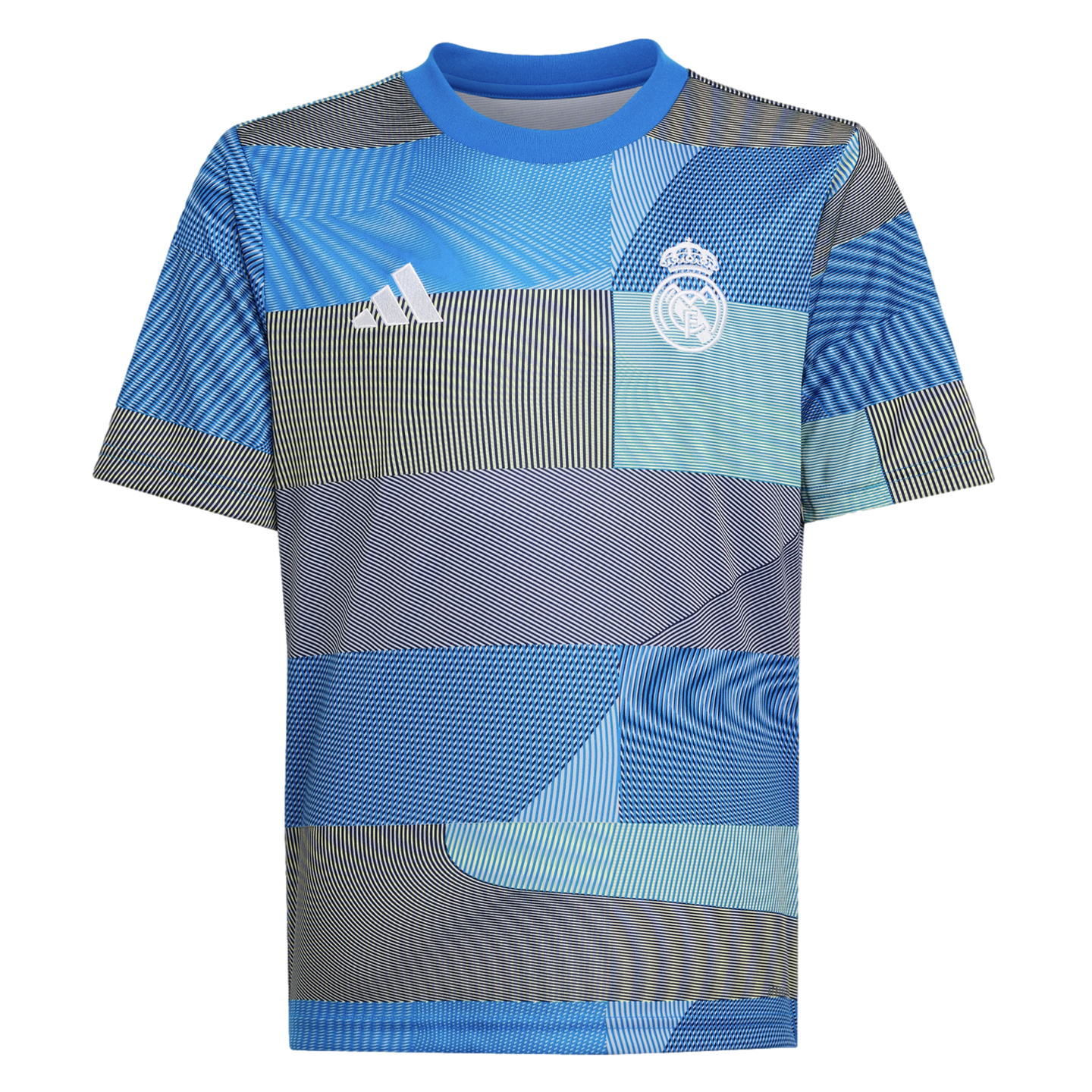 Real Madrid Adidas soccer jersey with a blue, teal, and yellow geometric patchwork pattern. Features white team crest and Adidas logo on the chest.
