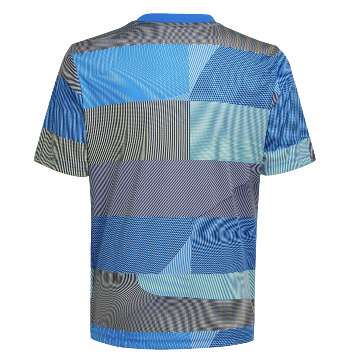 Back view of a short-sleeved t-shirt featuring a light blue collar and a complex geometric pattern of blue and grey blocks with fine linear and moiré textures.