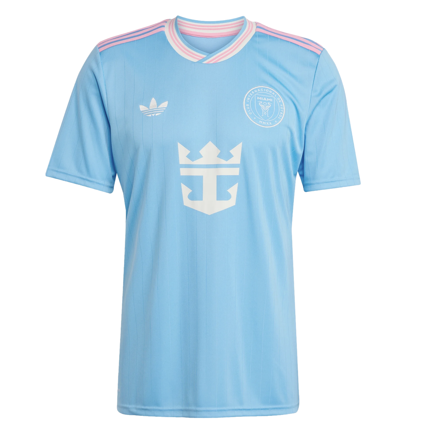 A light blue Inter Miami soccer jersey with pink and white striped trim, featuring a white Adidas logo, club crest, and Royal Caribbean sponsor logo.