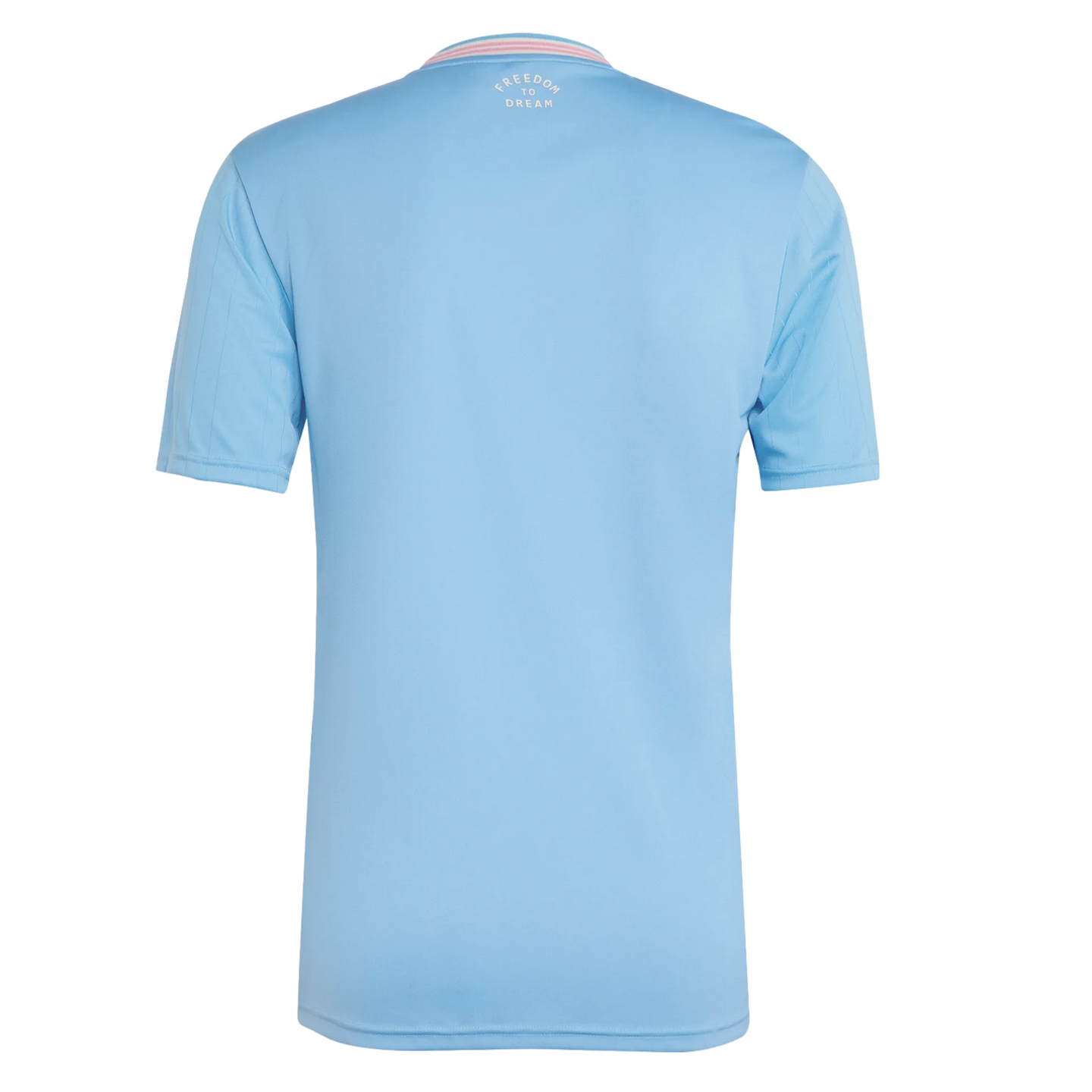 The back of a light blue short-sleeved jersey featuring a striped collar and white "FREEDOM TO DREAM" text printed at the nape of the neck.