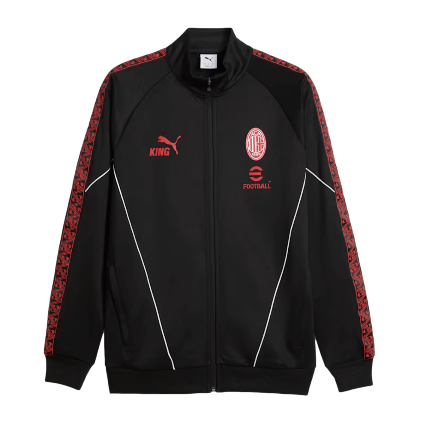 Black Puma AC Milan track jacket featuring a red club crest, eFootball sponsor logo, and patterned red sleeve stripes.