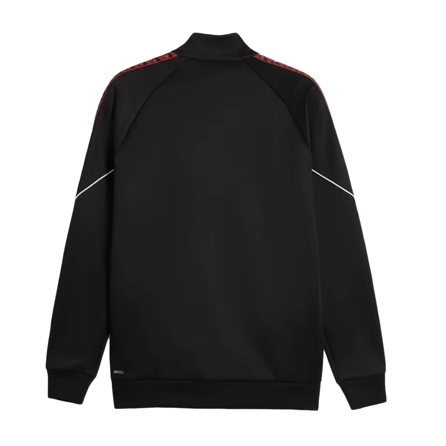 Back view of a black athletic track jacket featuring red patterned trim on the shoulders, thin white piping on the sleeves, and a small logo on the lower left hem.
