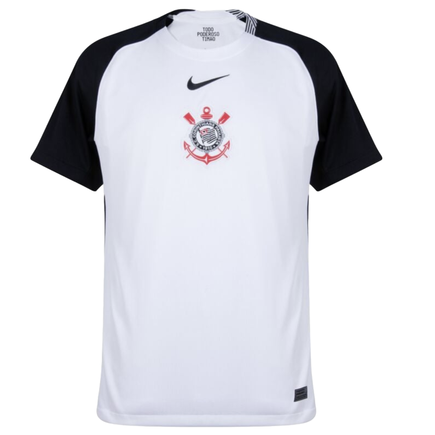 A white Nike jersey with black raglan sleeves, featuring a centered Corinthians club crest and black swoosh.