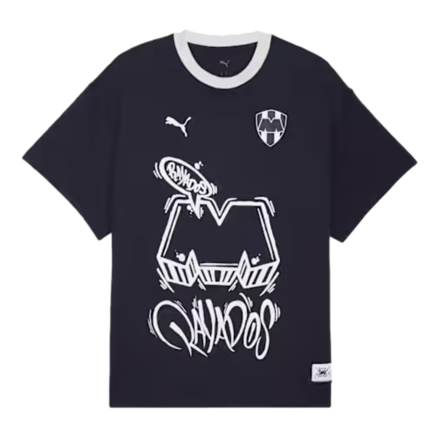 Black Puma Rayados t-shirt with white graffiti-style "M" and "Rayados" graphics. Features the team crest and a white crew neck.