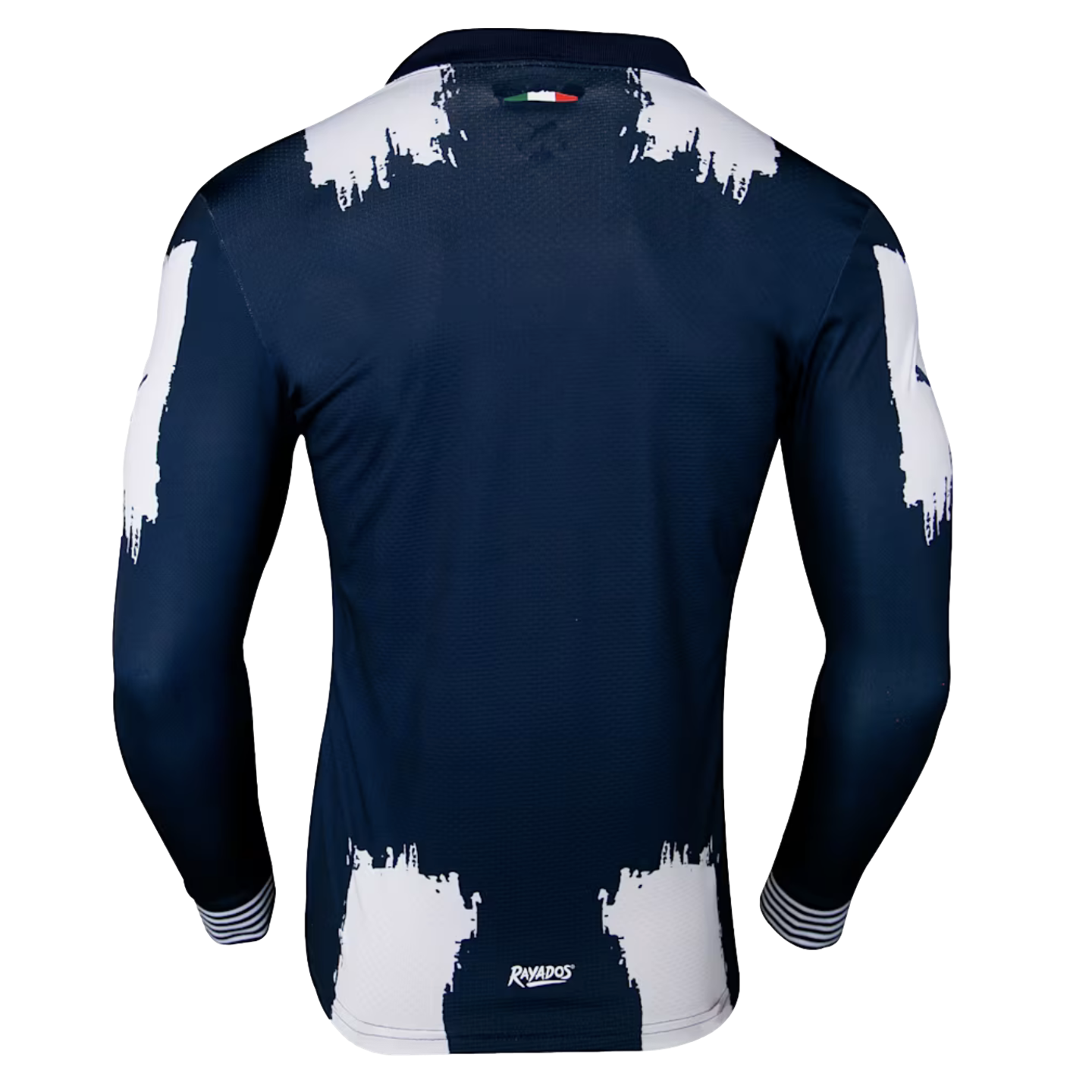Back view of a navy long-sleeve jersey with white paint-stroke designs on the shoulders and hem, striped cuffs, and "RAYADOS" logo at the bottom.
