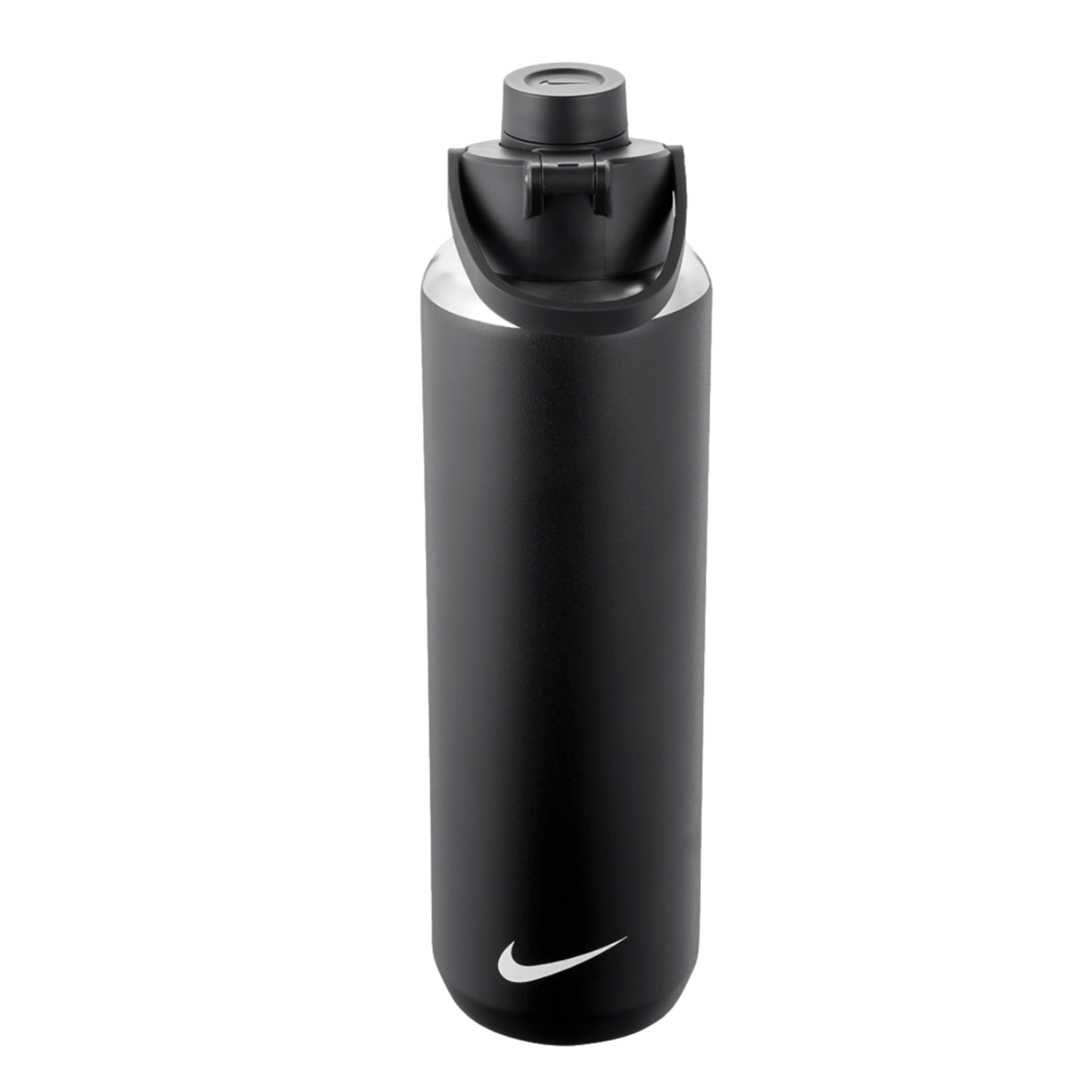 A tall, matte black cylindrical water bottle with a white Nike swoosh logo near the base and a black screw-top lid with a carrying handle.