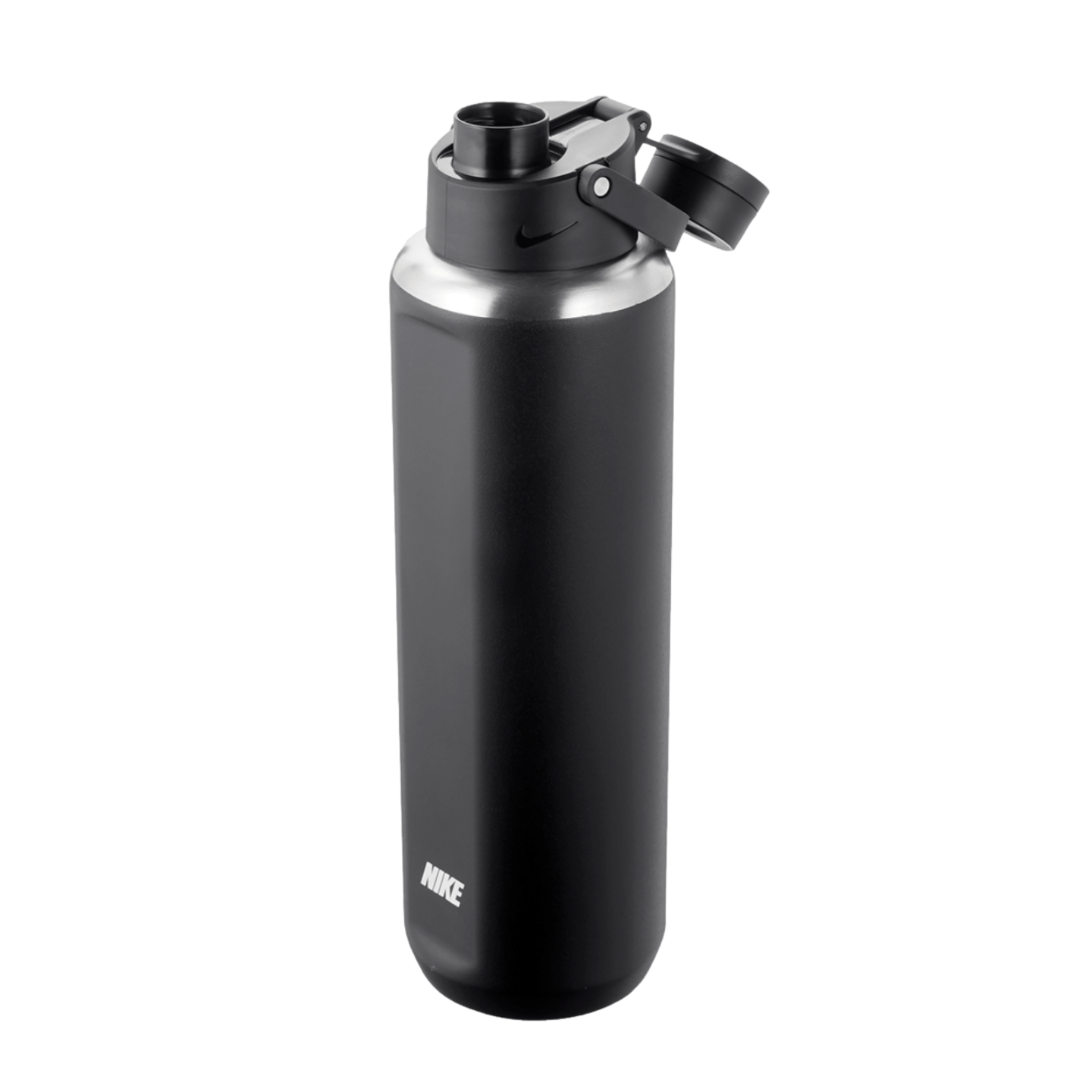 Matte black Nike stainless steel water bottle featuring a silver shoulder, a black flip-top lid, and a white Nike logo near the base.