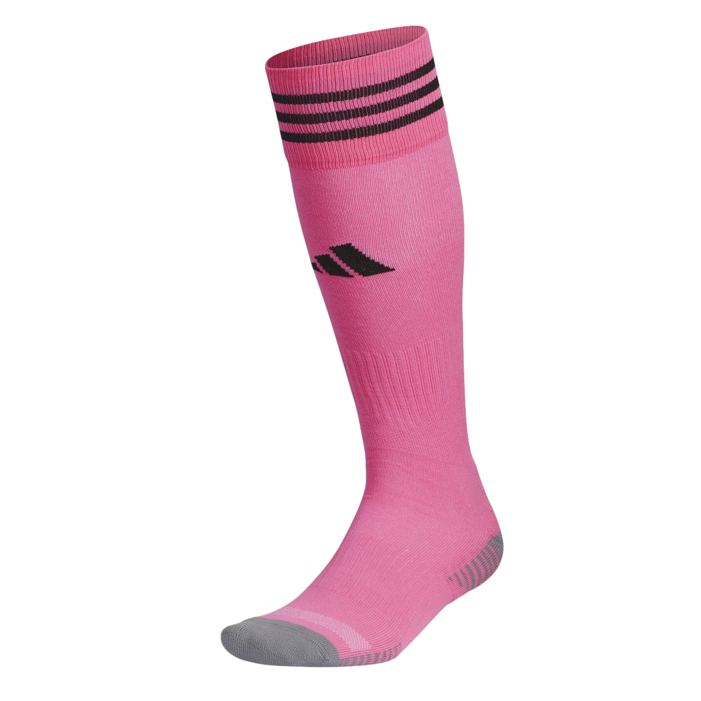 An Adidas high pink soccer sock features three horizontal black stripes at the top, a black logo on the shin, and a grey heel and toe.