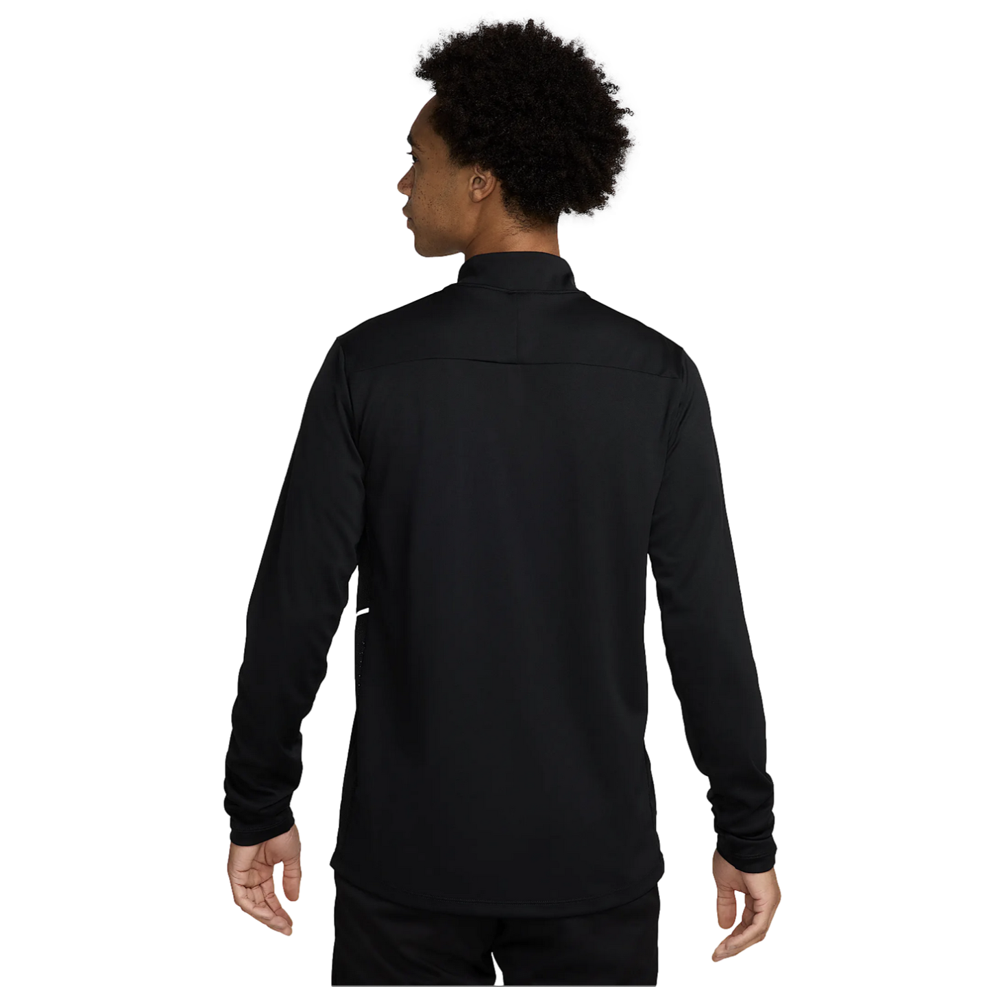 A back view of a person with dark, curly hair wearing a long-sleeved black athletic top against a white background.