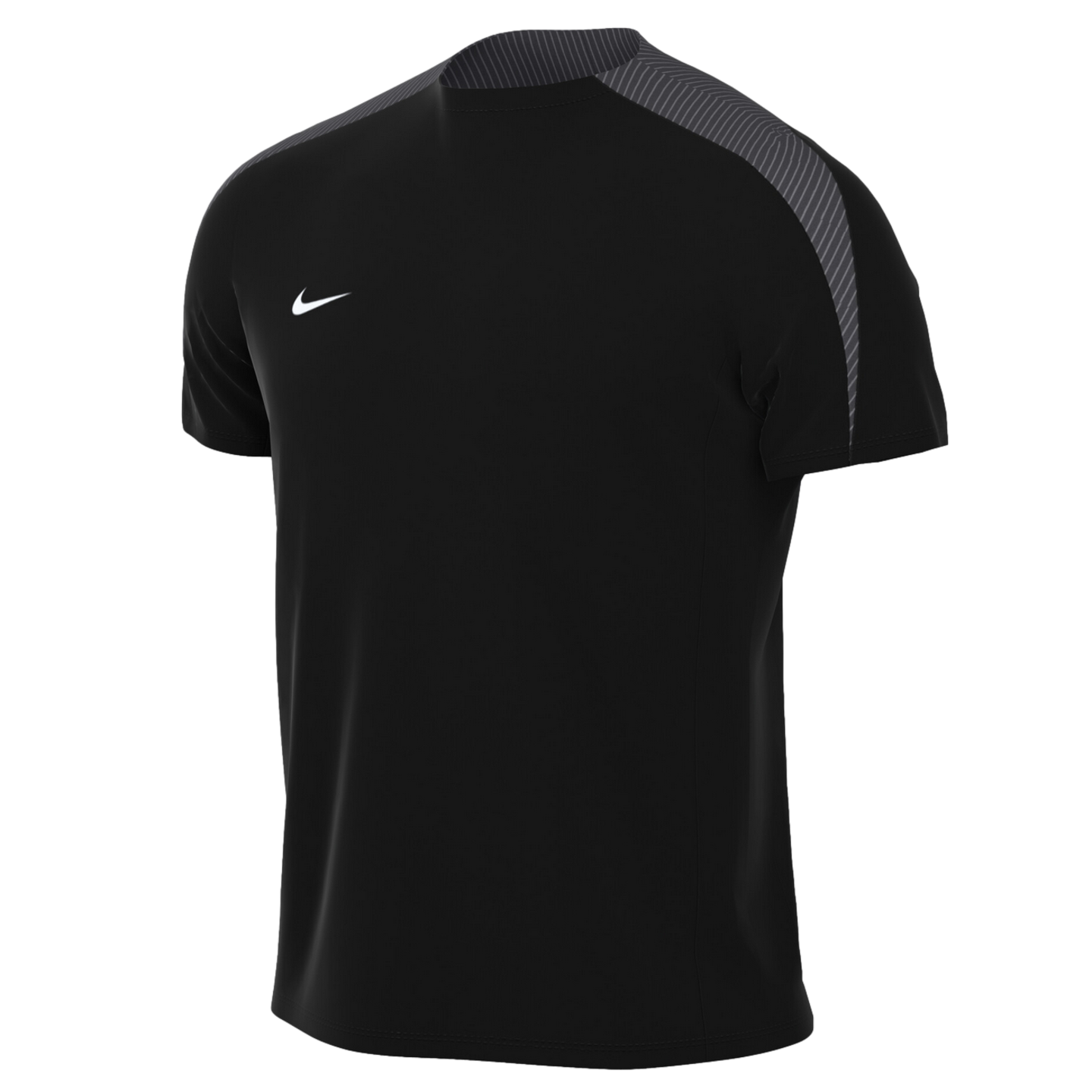 Black Nike short-sleeve athletic shirt featuring gray striped shoulder panels and a white swoosh logo on the chest.