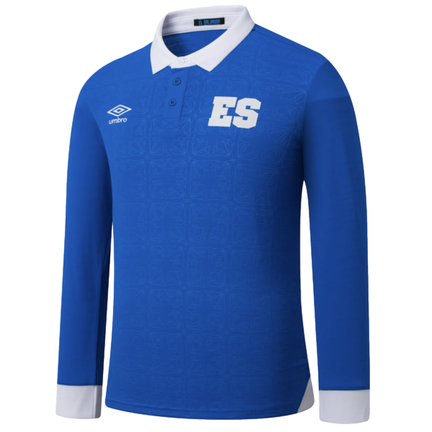 Blue long-sleeved Umbro El Salvador jersey with a white polo collar and cuffs, featuring a white "ES" logo on the chest and a subtle embossed geometric pattern.