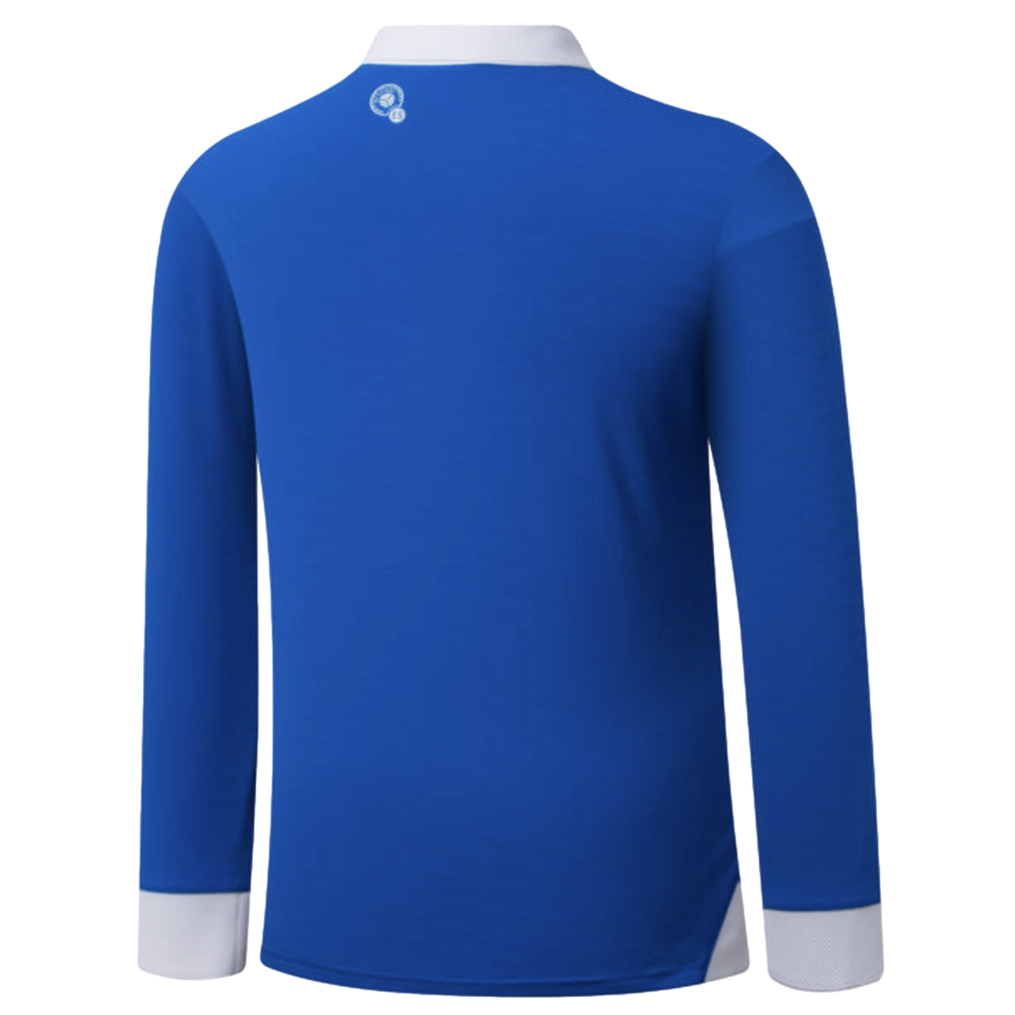 Back view of a royal blue long-sleeved jersey with a white polo collar and white cuffs. A small white logo is printed on the upper back below the collar.