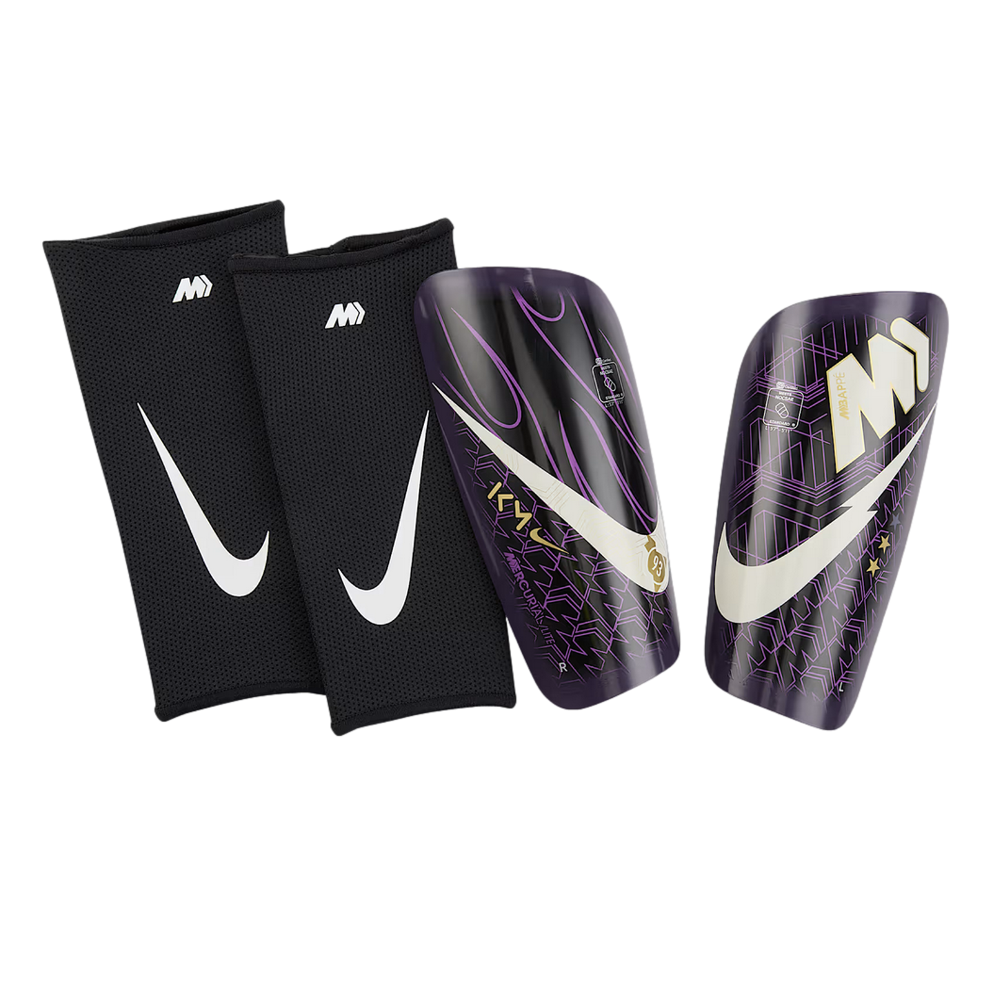 Nike Mercurial Lite shin guards and matching black sleeves featuring a purple and white Kylian Mbappé design.