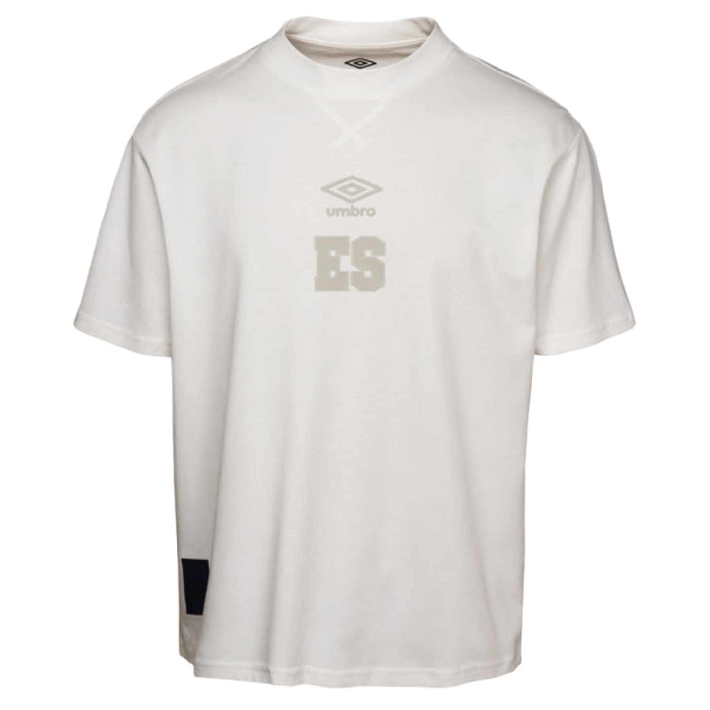 Off-white oversized Umbro t-shirt with a grey logo and large block "ES" graphic on the chest.