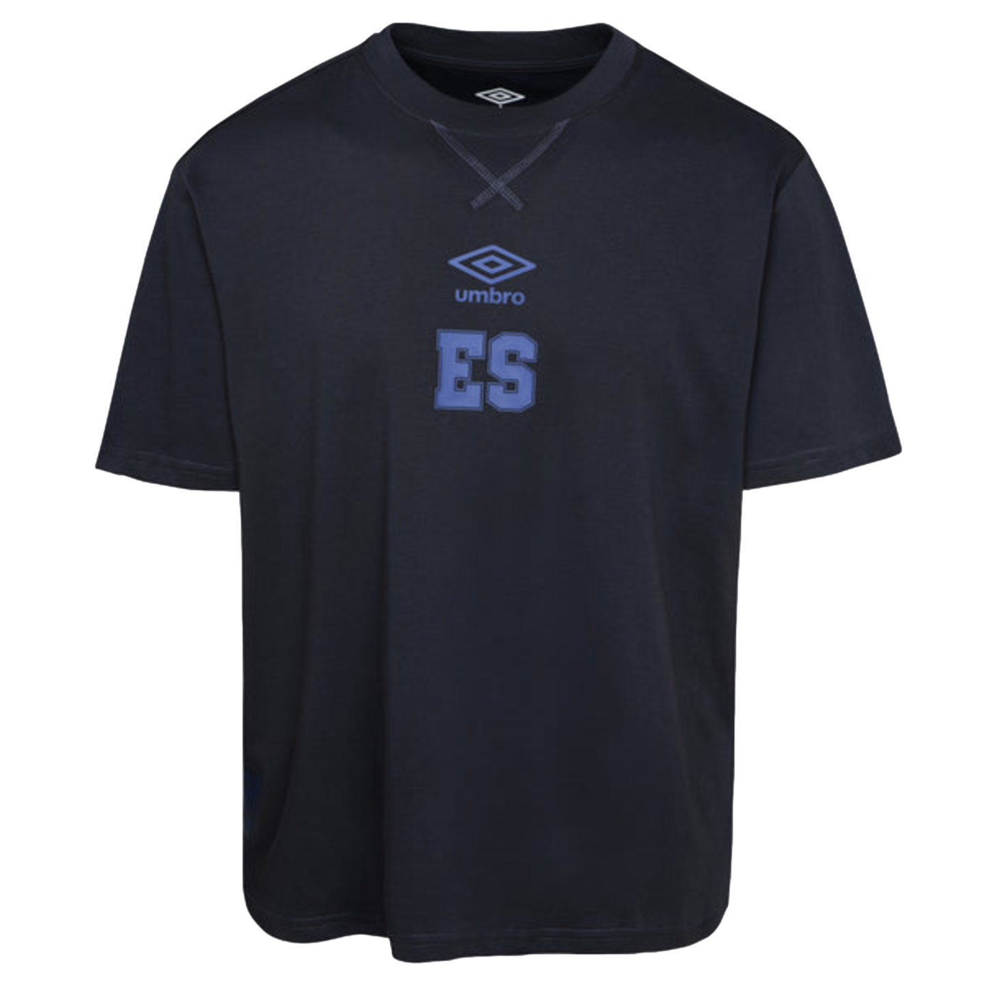 A dark navy blue Umbro t-shirt with a light blue brand logo and "ES" block letters printed on the center chest.