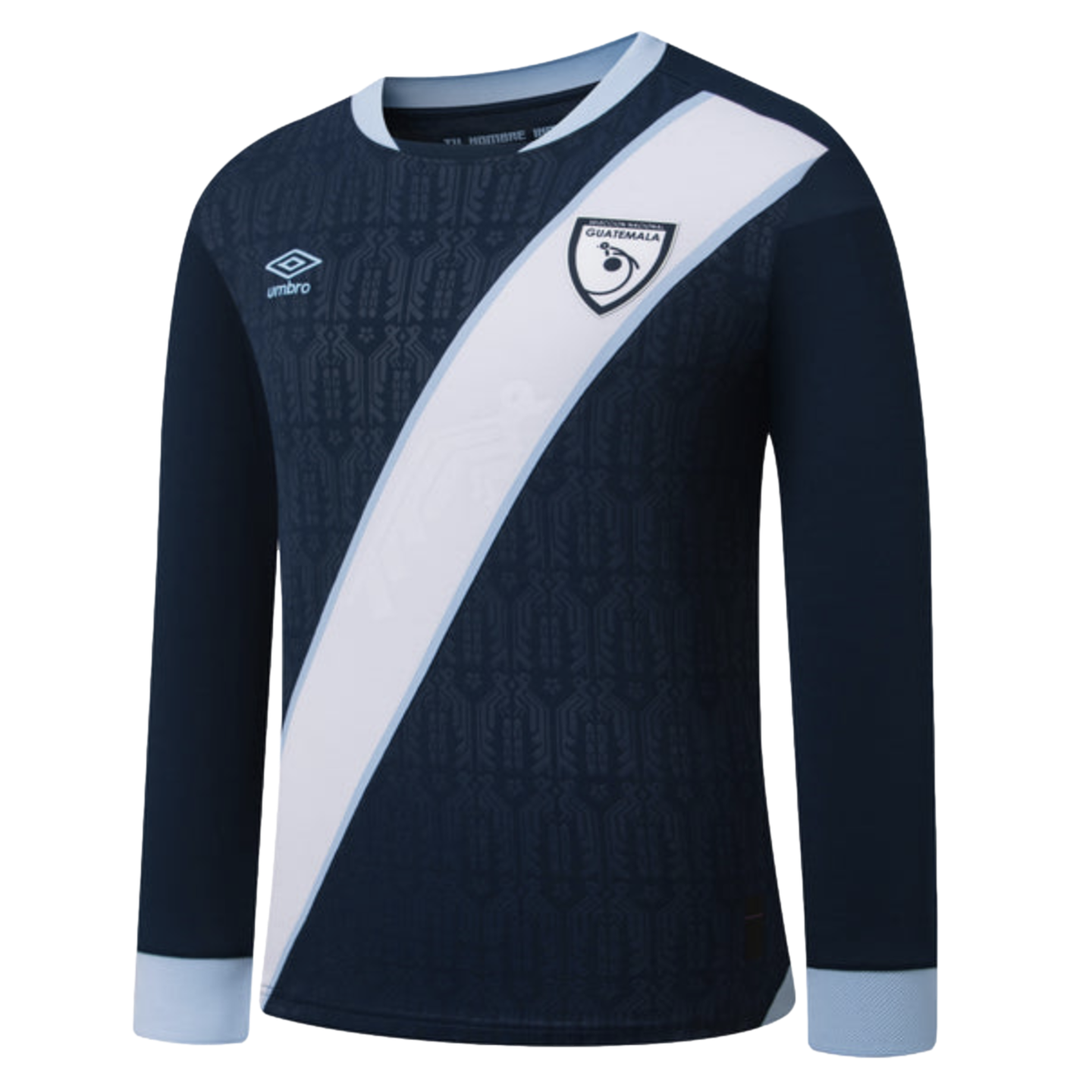 Long-sleeved navy soccer jersey with white diagonal sash. Features Guatemala national team crest, Umbro logo, light blue cuffs, and a subtle geometric pattern.