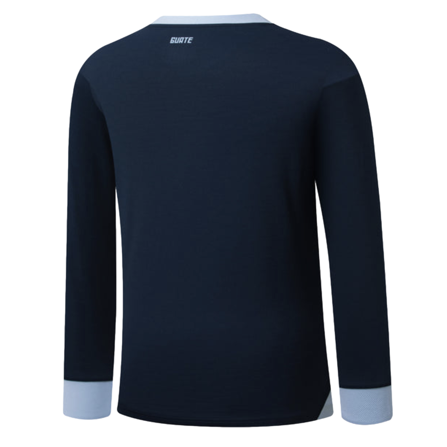 Back view of a navy blue long-sleeved shirt with light blue collar and cuffs. The word "GUATE" is printed in white near the neckline.