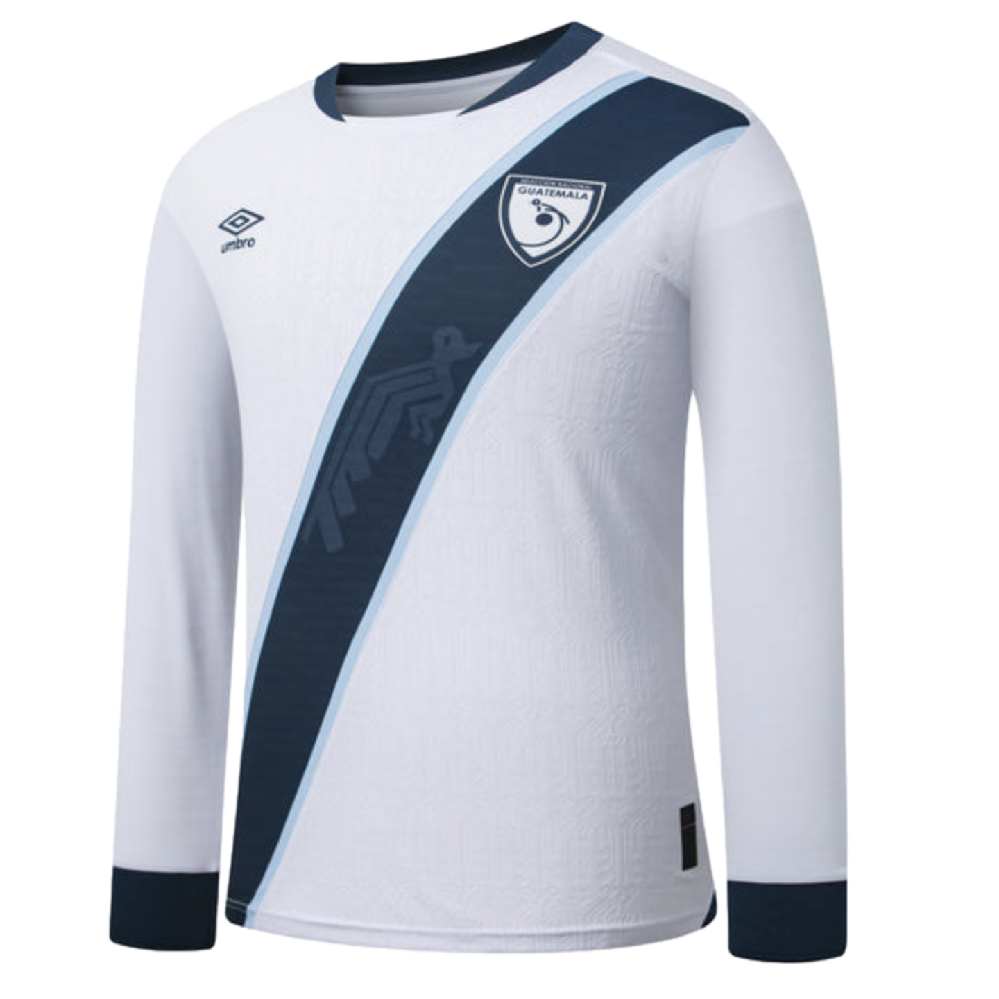 White long-sleeved Umbro Guatemala national soccer jersey featuring a dark blue diagonal sash with light blue trim, team crest, and a subtle embossed fabric pattern.