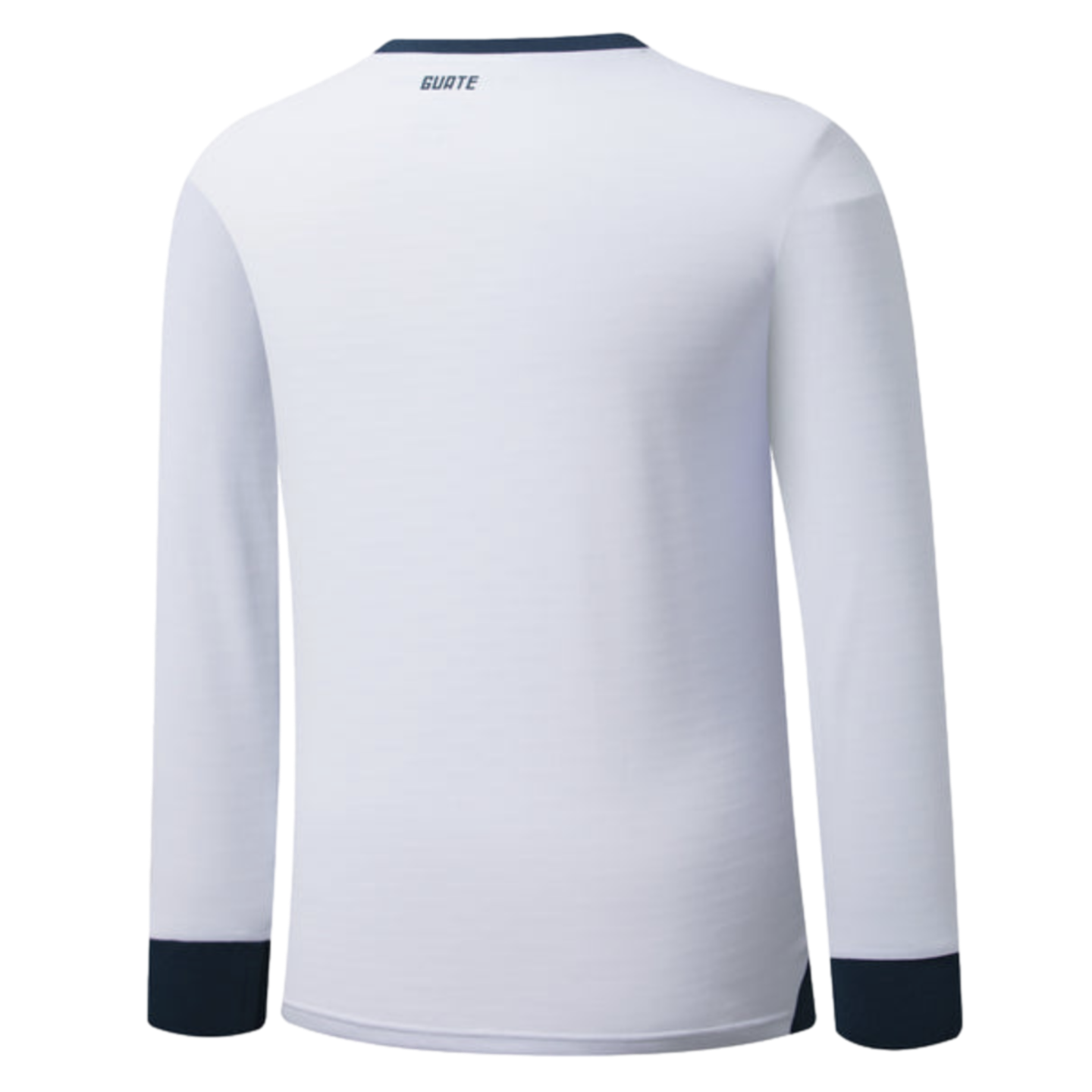 Back view of a white long-sleeved shirt with navy blue collar and cuffs. Small navy "GUATE" text is printed below the neckline.