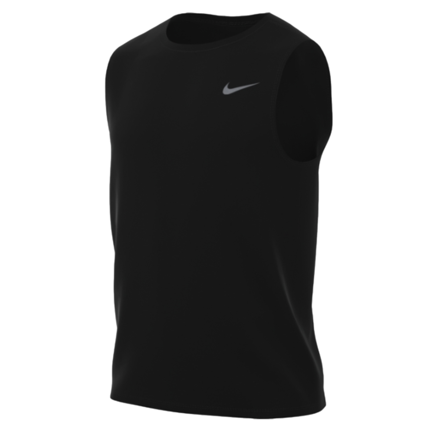 Black Nike sleeveless athletic tank top featuring a silver swoosh logo on the left chest.