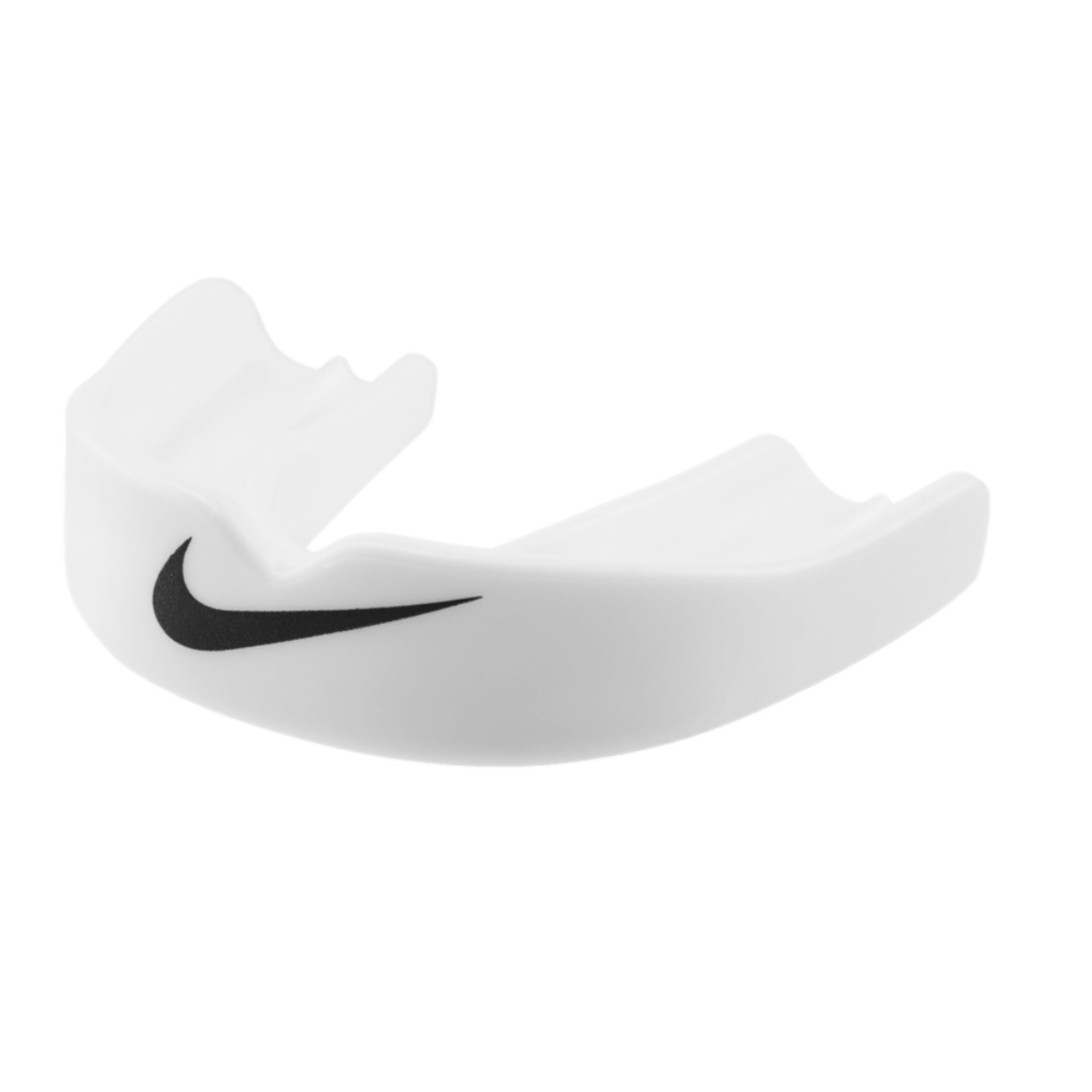 A white Nike sports mouthguard with a black swoosh logo on the front.