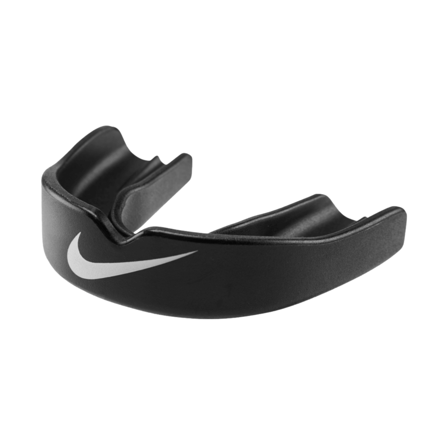 A black Nike brand mouthguard with a white swoosh logo on the front.