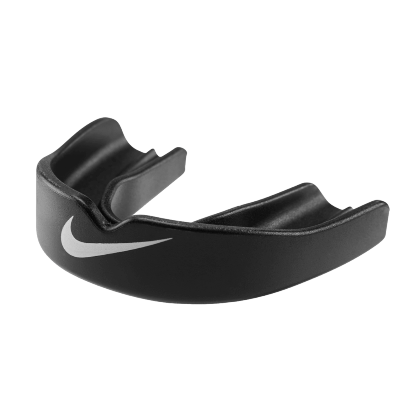 Black Nike sports mouthguard with a white swoosh logo, shown from an angle revealing its inner protective channel.