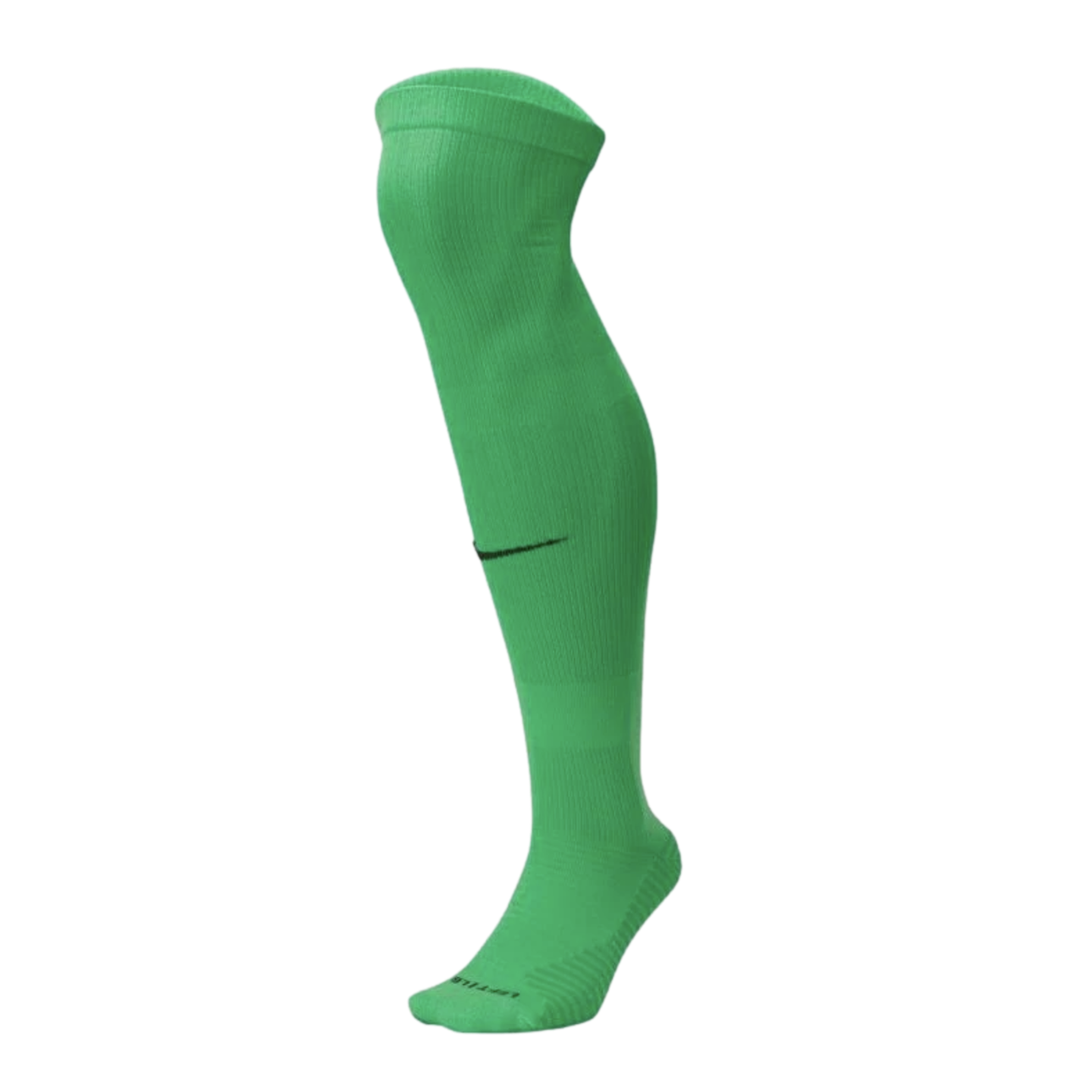 Bright green knee-high Nike soccer sock with a small black swoosh logo on the shin, featuring a ribbed texture and shown as if worn on a leg.