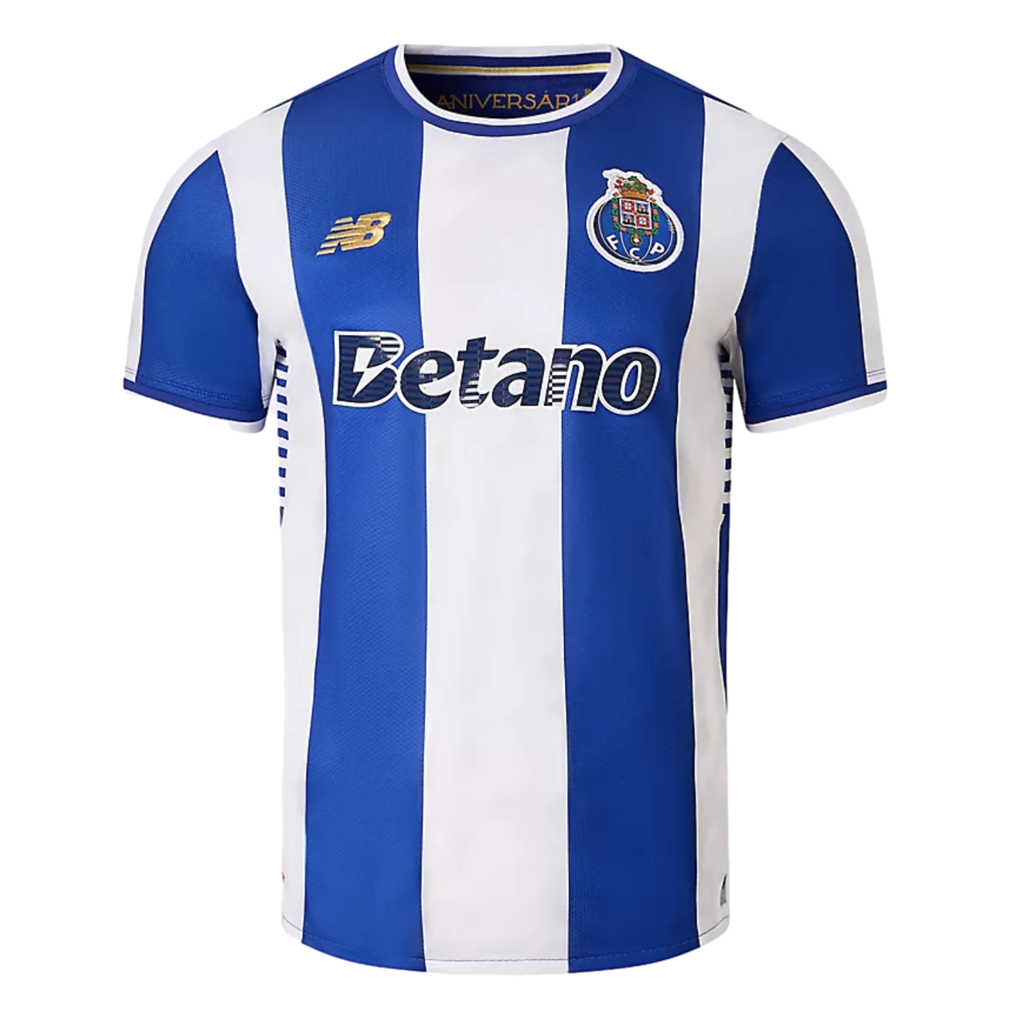 FC Porto soccer jersey featuring blue and white vertical stripes, the club crest, New Balance logo, and Betano sponsor logo.